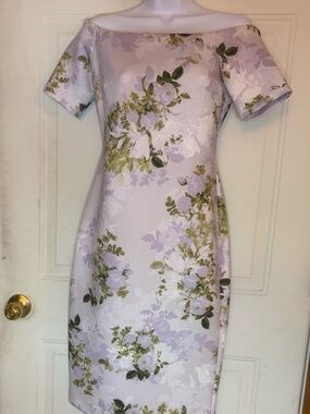 Calvin Klein Off Shoulder Floral Jacquard Sheath Dress Size 2 Lavender